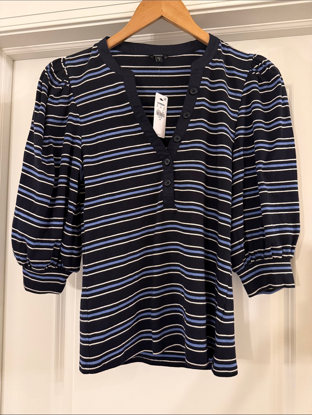 Express Women's Navy Striped Puff-Sleeve Henley Top